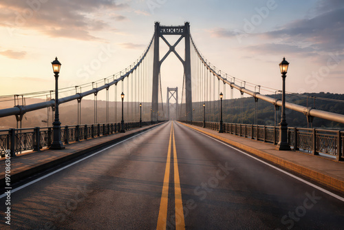 A scenic view of a bridge at sunset with a clear road ahead.
