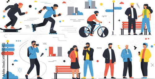 Urban lifestyle people set with city activities cycling skateboarding photography and casual fashion characters vector illustration collection