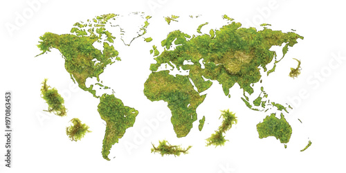 A stylized world map illustration featuring solid green continents set against a white background isolated on white background, Vector, illustration