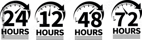 Clock graphics displaying different time durations of 24, 12, 48, and 72 hours