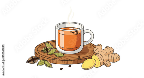 A steaming glass mug of chai tea is placed on a round wooden board with ginger, cardamom, and star anise on a white background.