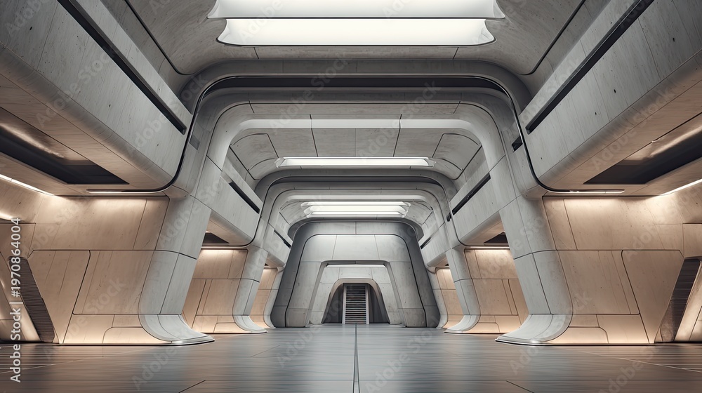 Obraz premium Clean futuristic studio environment, brushed concrete or ceramic surface, smooth neutral gradient backdrop, controlled top lighting with gentle shadow geometry, empty composition, science-led premium 