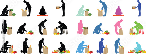 Set of human silhouette figures in various working and daily activity poses with solid fill shapes, minimal flat vector collection