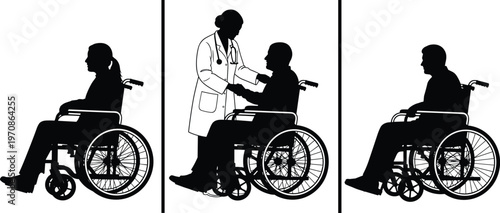 Wheelchair patient and doctor interaction silhouettes set showing medical care support rehabilitation healthcare assistance and mobility aid concept black and white vector illustration