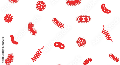 A seamless pattern of various red bacteria and virus shapes is scattered across a white background.