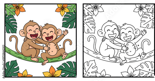Cute Cartoon Monkeys Laughing and Hugging on a Vine in a Jungle - Celebrating Friendship and Joy