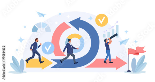 Agile methodology for effective project management. Transformation and optimization. Business people running fast near circular arrow of agile method. Scrum method of productive strategy