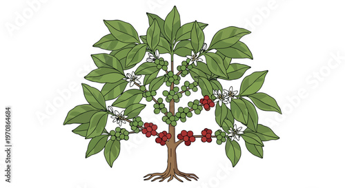 Illustration of a coffee tree with ripe red cherries and white blossoms