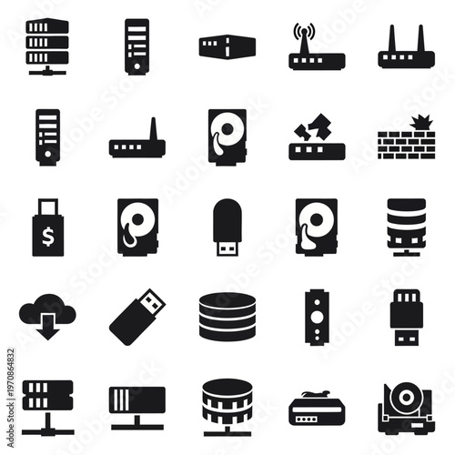 Black icons of computer hardware devices.