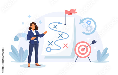 Strategic planning for business success. Business woman creating a new business strategy, plan, or a roadmap.  Chart, scheme of action or competitor analysis. Marketing tactic to reach target.