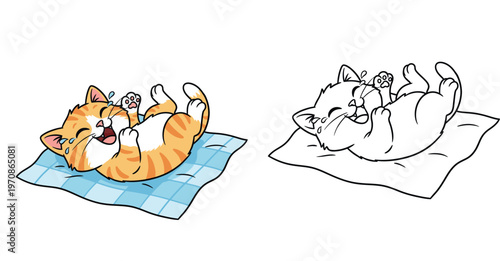 Hilarious Cartoon Ginger Cat Laughing Hysterically on a Blanket - Funny Pet Kitten Illustration