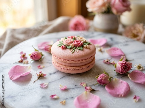 A beautifully decorated macaron with floral accents on a marble surface, surrounded by flowers and rose petals