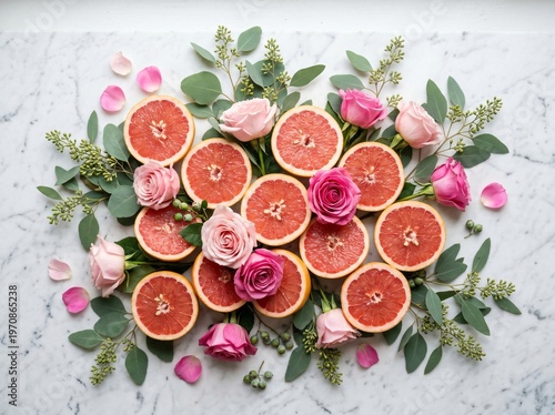 Freshly sliced grapefruit and vibrant roses arranged artistically