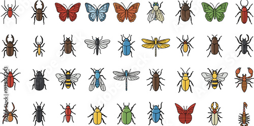 Detailed Insect Collection Featuring Beetles Butterflies Bees Dragonflies Ants and Various Bugs in Realistic Flat Vector Illustration Set