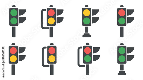 set of railway traffic signals collection, vector illustrations featuring red, yellow and green lights, ideal for transportation safety, railway planning, infrastructure projects, and signaling system