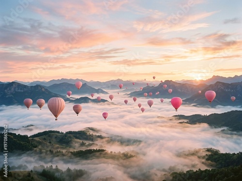 Hot air balloons gracefully soaring above a sea of clouds, mountains, and the sky is painted with the warm hues of sunrise