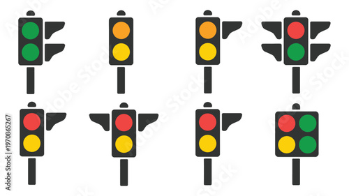 set of railway traffic signals collection, vector illustrations featuring red, yellow and green lights, ideal for transportation safety, railway planning, infrastructure projects, and signaling system