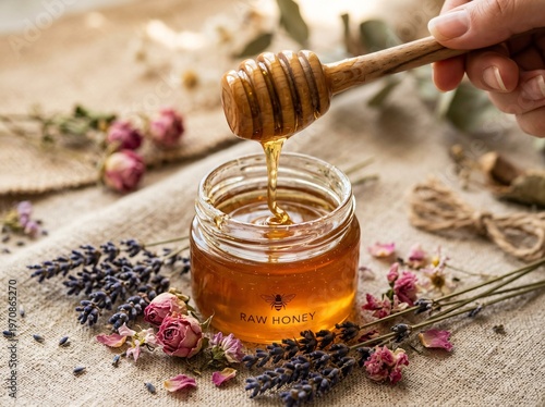 A hand pouring honey from a wooden dipper into a glass jar, surrounded by floral elements