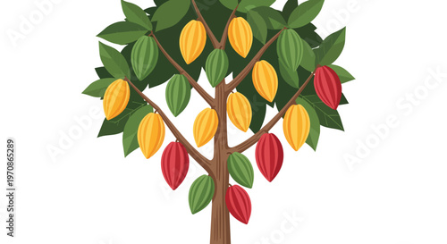 Vector Illustration of a Cacao Tree with Ripe Colorful Cocoa Pods