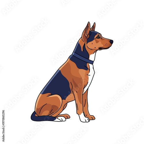 Brown and black dog sitting still.