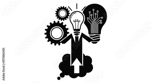 Conceptual illustration of innovation a figure holding lightbulbs and gears