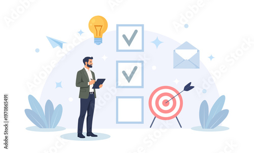 Business person achieving goals with a target and arrow. Checklist to complete project task, accomplish work checkmark. Project management and planning.