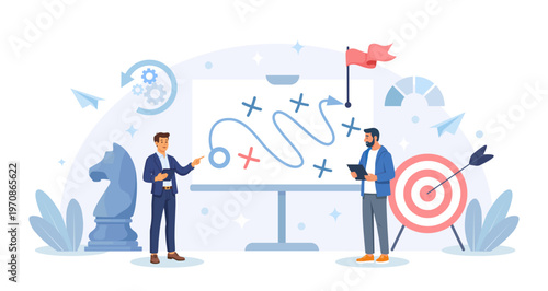 Strategic planning for business success. Businessman creating a new business strategy, plan, or a roadmap. Team brainstorm or competitor analysis. Marketing tactic to reach target.