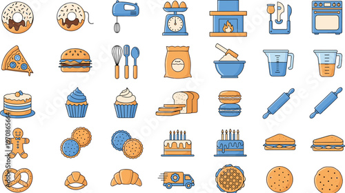 Bakery and Kitchen Icon Collection Featuring Desserts Bread Cookies Cakes and Cooking Equipment in Blue Orange Flat Vector Illustration Set