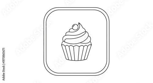 Simple line art icon of a cupcake with swirl frosting and a cherry on top, isolated on white.