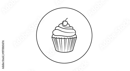 Simple Line Art Icon of a Delicious Cupcake with Cherry on Top Inside a Circle
