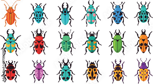 Colorful Beetle Insect Collection Featuring Various Ladybug and Scarab Styles in Detailed Flat Vector Illustration Set