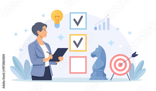 Business person achieving goals with a target and arrow. Checklist to complete project task, accomplish work checkmark. Project management and planning.