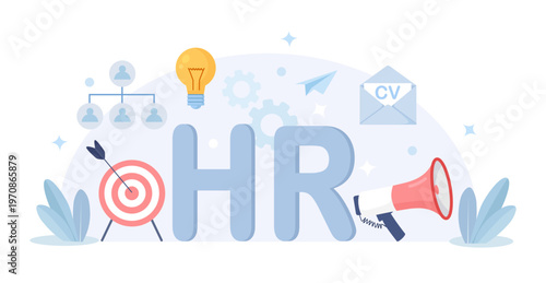 HR department. Human Resources management. Employer hiring candidates with recruitment organization. Job recruitment set. Vector flat illustration