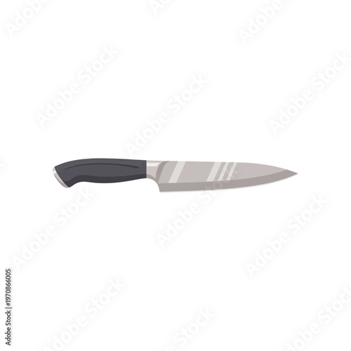 Sharp kitchen knife with black handle.