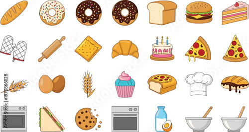 Bakery and Cooking Icon Collection Featuring Bread Donuts Pizza Cakes Kitchen Tools and Ingredients in Flat Vector Illustration Set