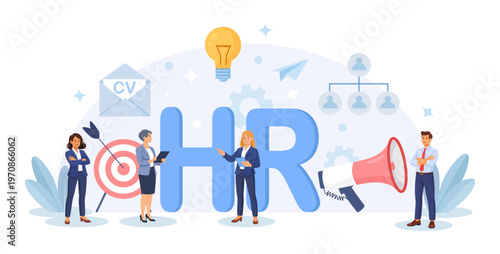 HR department. Human Resources management. Business people standing around the capital letters. Employer hiring candidates with recruitment organization. Job recruitment