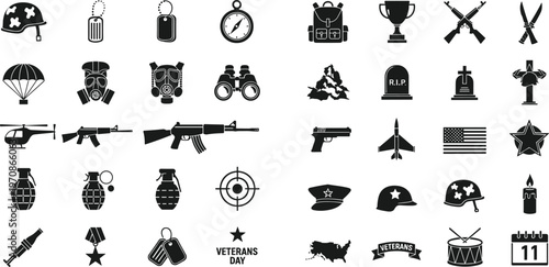 Black Military Icon Collection Featuring Weapons Soldier Gear Medals Vehicles and Veterans Day Symbols in Minimal Silhouette Vector Illustration Set