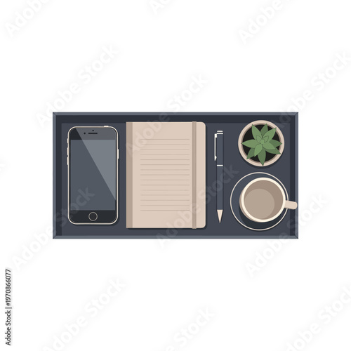 Smartphone next to coffee and book.