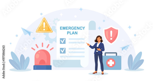 Business emergency plan, checklist to do when disaster happen. Business person studying procedure of evacuation, emergency map. Vector flat illustration