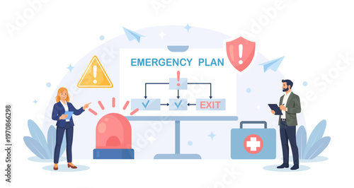 Business emergency plan, checklist to do when disaster happen. Business person studying procedure of evacuation, emergency map. Vector flat illustration