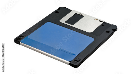 Foto Black plastic 3 5 floppy disk, displaying a light blue data storage surface