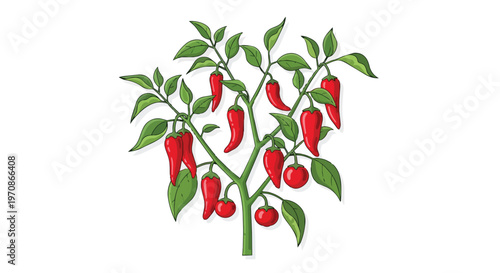 Illustration of a Chili Pepper Plant with Red Peppers and Green Leaves