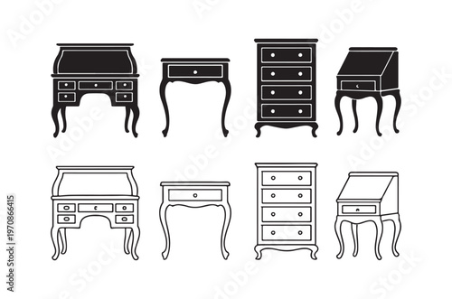 Collection of antique desks and chests of drawers in black outline