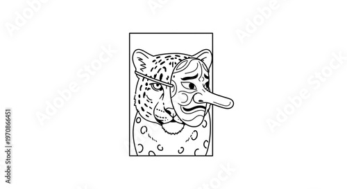 Leopard Wearing Traditional Japanese Noh Mask, Symbolizing Deception and Hidden Identity
