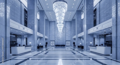 Luxury Hotel Lobby Interior with Chandelier and Reception Desk