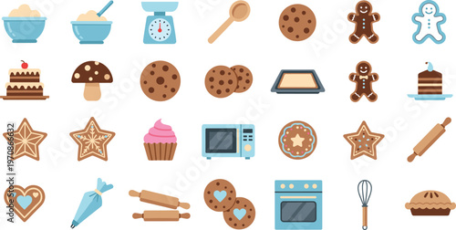 Baking and Cookie Icon Collection Featuring Gingerbread Biscuits Kitchen Tools Desserts and Ingredients in Flat Vector Illustration Set
