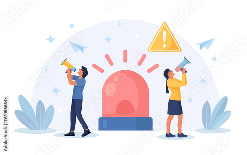 Businessman with megaphone giving instructions about current state of emergency. Flashing red alert siren signaling danger or emergency situation. Business disaster. Vector flat illustration