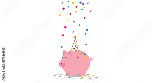 A pink piggy bank wearing a party hat stands on a white surface with colorful confetti falling around it.