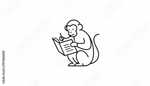 Chimpanzee Drawing Writing in a Book, Simple Line Art, Education Concept