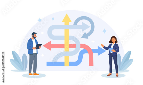 Business opportunities or paths to success. Finding the right direction. Strategic planning for business goal. Businessman are choosing a business way. Vector flat illustration